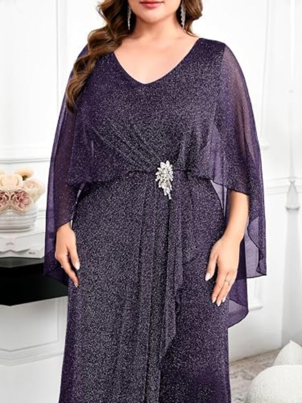 Tiaraly Women's Plus Size Purple Glitter Formal Dress w/Long Cape Jewels Size-2X - Picture 2 of 5